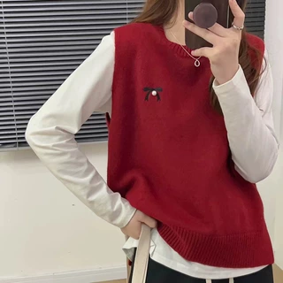 订珠蝴蝶结针织马甲背心女春秋时尚叠穿软糯日系圆领毛衣坎肩HP15