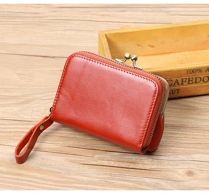 Ví nữ da bò thật cổ điển dạng gấp đựng tiền xu thẻ 11×6×8 cm — Màu đen, Đỏ hoa hồng chi tiết 30