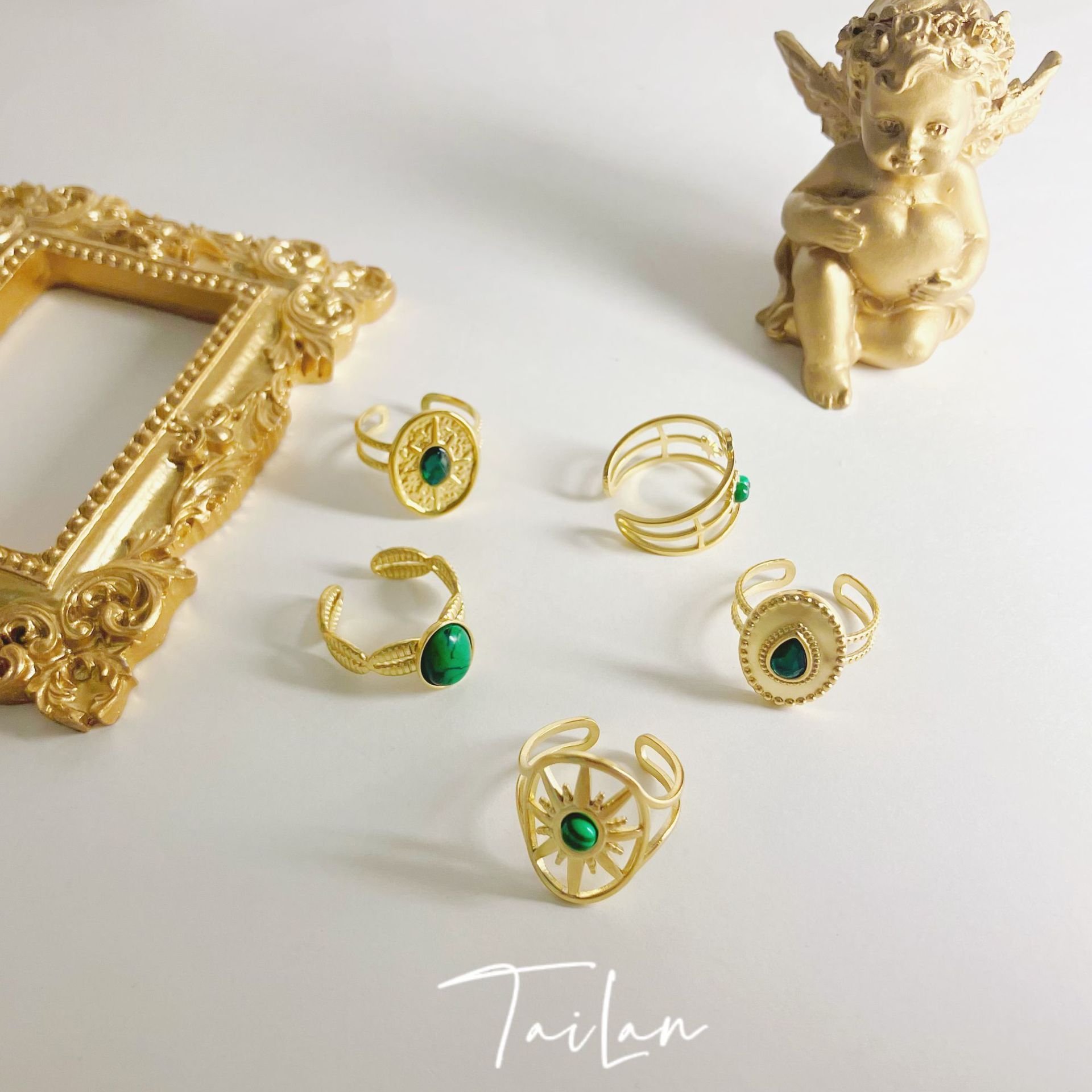 Retro Round Star Stainless Steel Inlay Artificial Gemstones Turquoise Open Ring