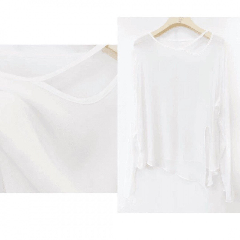 夏の黒いvネックの不規則な微透日焼け止めブラウスの大きいサイズの長袖tシャツの女性のデザイン感の小さい薄い上着|undefined