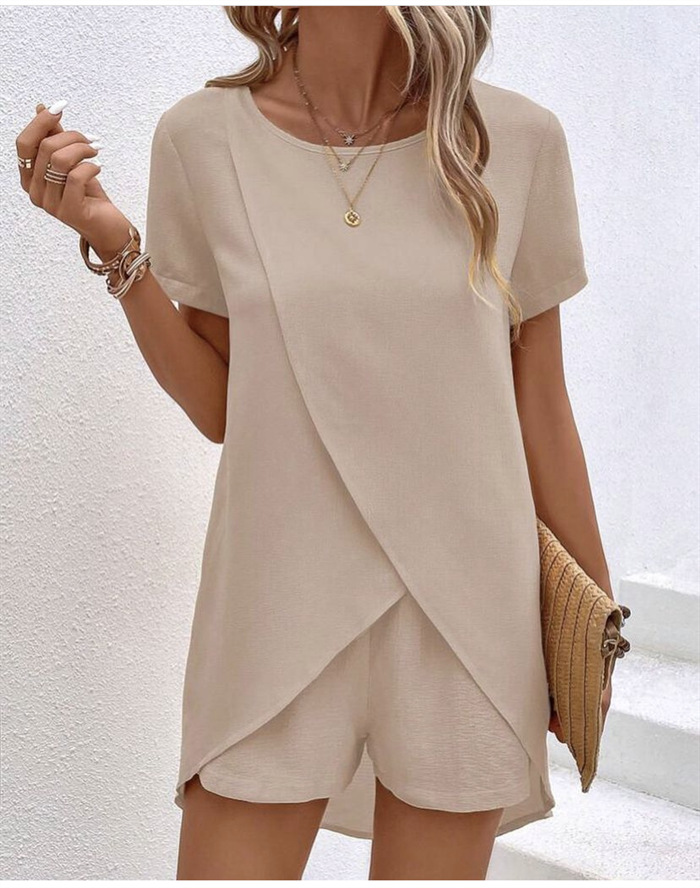 Summer Women's Solid Colour Two-piece Set With Irregular Top_voghion.com