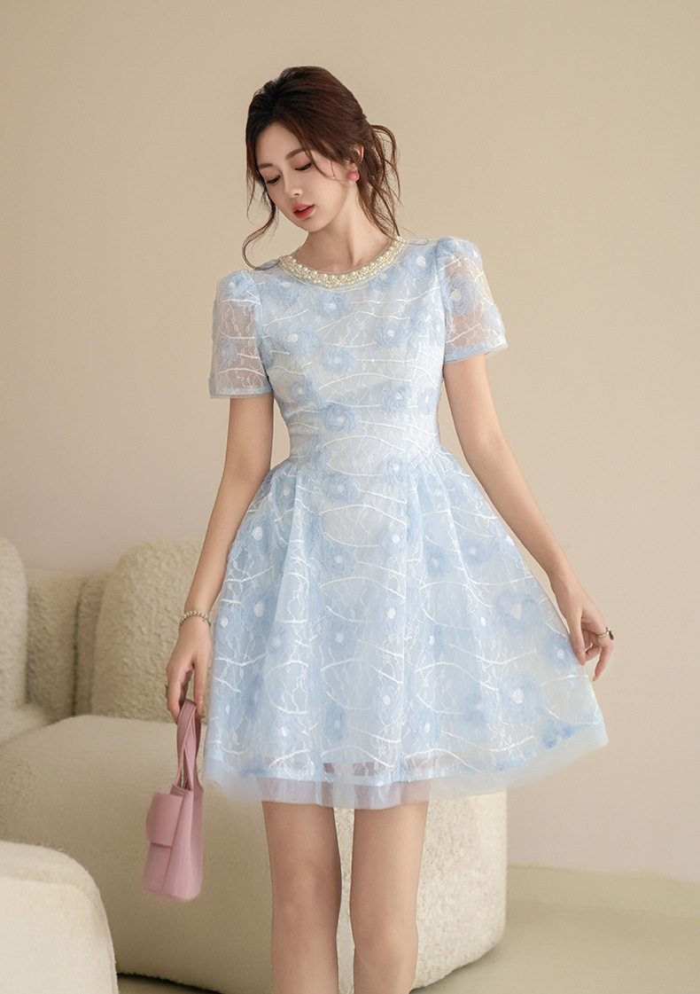 Váy cổ tròn chữ A ngắn tay mùa hè phong cách retro Pháp eo thon — màu xanh chi tiết 6