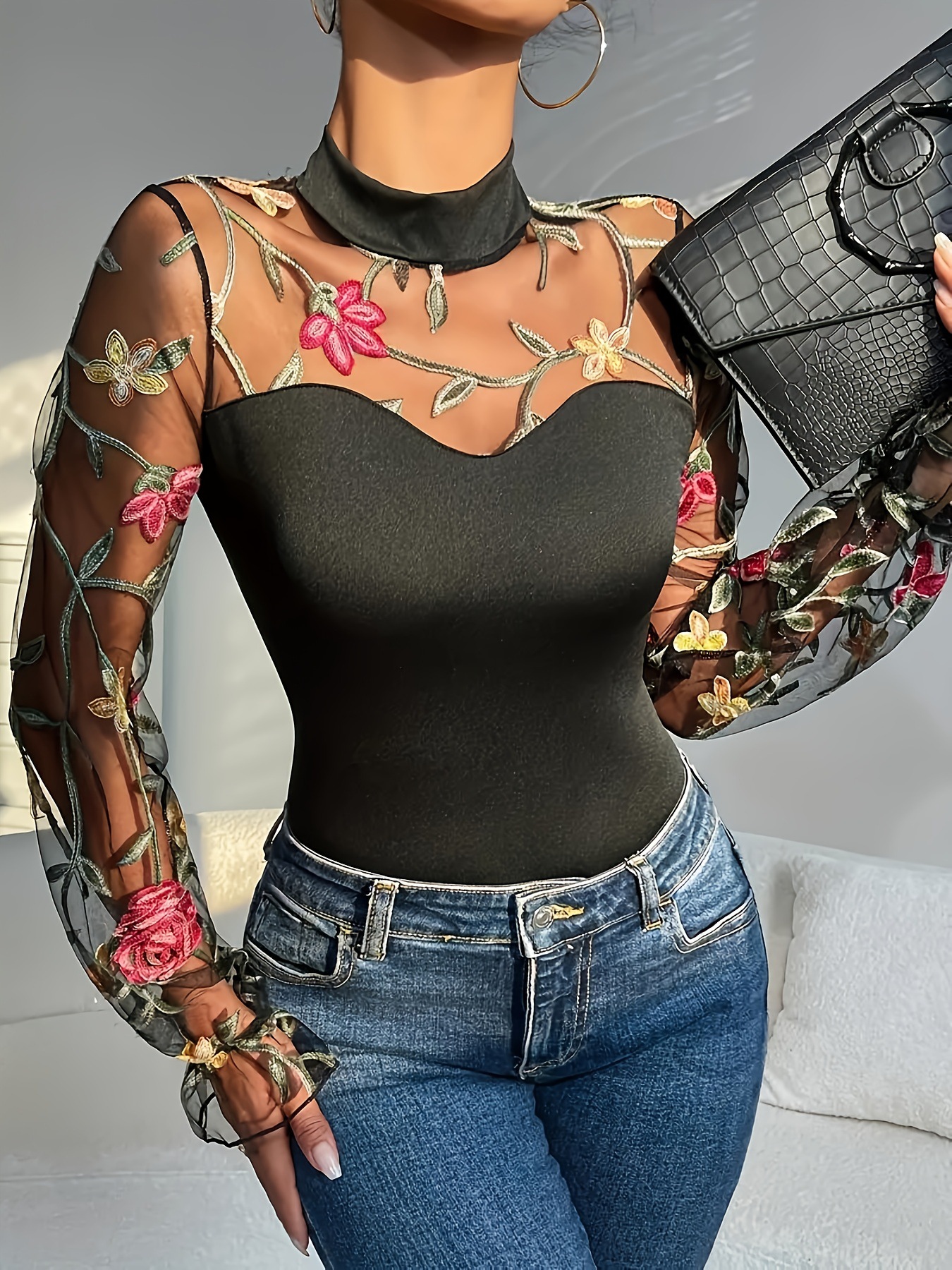 Damen Spitzen Body Mit Mesh Und Langarm Für Partys Und Abende_voghion.com