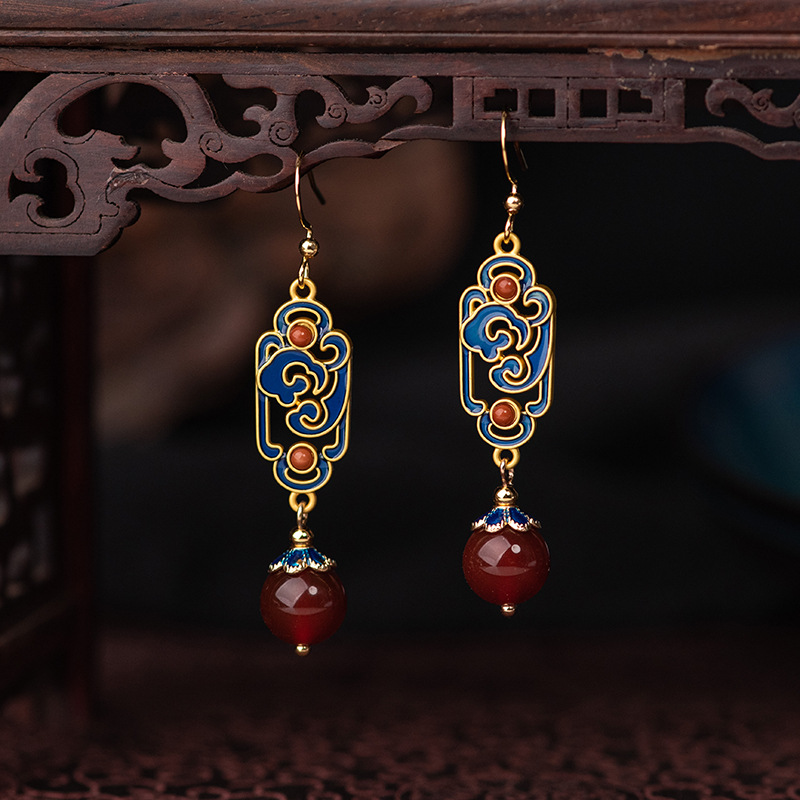 New Chinese Style Earrings, Retro Palace Earrings, Red Agate Enamel Auspicious Cloud Earrings, Niche Accessible Luxury High-End Earrings for Women