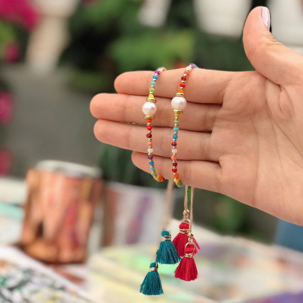 9g Weight Retro Geometric Tassel Beaded Pearl Copper Bracelets In Bulk