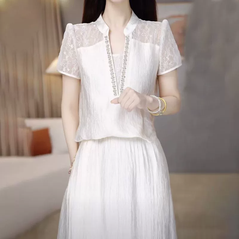 Двухслойное платье из ледяного шелка для женщин, скрывающее живот, лето 2025, новое, свободного кроя, стройнящее, омолаживающее, больших размеров, костюм с длинной юбкой