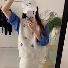 韩系东大门手工绣花圆领羊毛混纺无袖叠穿针织上衣宽松针织马甲