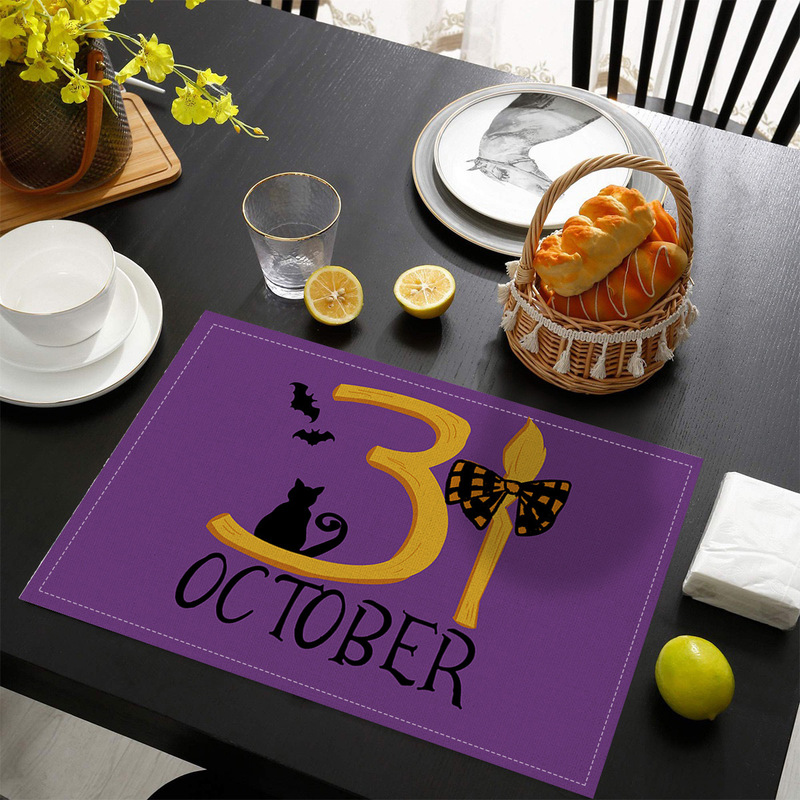 国境を越えた売れ筋ハロウィンプリントリネンプレースマット洋食レストランテーブルホーム断熱ナプキン滑り止めテーブルクロスマット|undefined