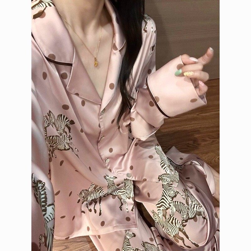 French-style light luxury pink zebra polka dot ice silk pajamas for women, spring and autumn long-sleeve long-pants silk-like home wear set French-style light luxury pink zebra polka dot ice silk pajamas for women, spring and autumn long-sleeve long-pants silk-like home wear set