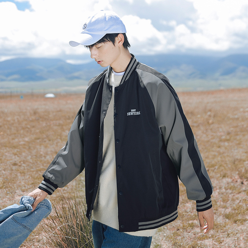 Ropa masculina estilo Hanlu Xingang, chaqueta de béisbol con bloques de color para hombre, chaqueta holgada vintage de primavera 2025