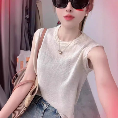 Pink sleeveless knit top for women, summer thin fashion stylish loose inner vest, backless top