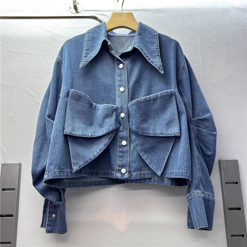 Camicia-giacca in denim a maniche lunghe, stile corto, con fiocco tridimensionale, per l'autunno, top di nicchia da donna._voghion.com