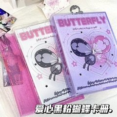 A5 White Heart Black Glitter Butterfly Card Case with Four-Grid Six-Hole Ring Binder Inner Pages Mushroom Fastener Celebrity Fandom Small Card Storage Album