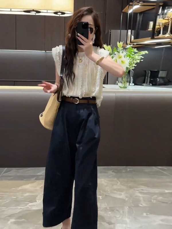小个子显高时尚套装女秋季新款法式流苏褶皱无袖马甲阔腿裤两件套|undefined