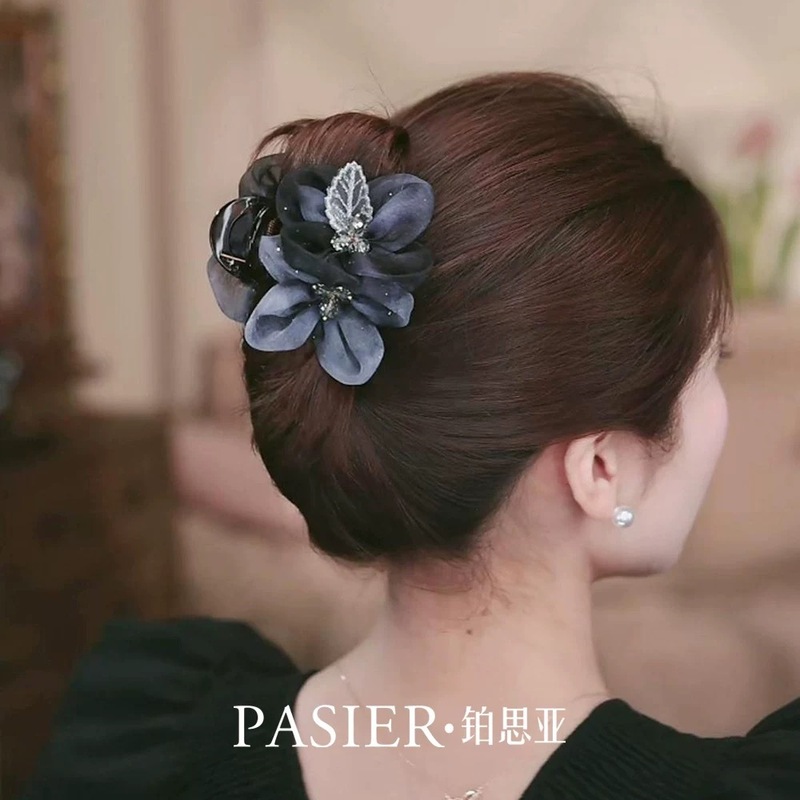水墨风花朵发夹女2025年新款新中式盘发鲨鱼夹渐变蓝轻奢抓夹头饰|undefined