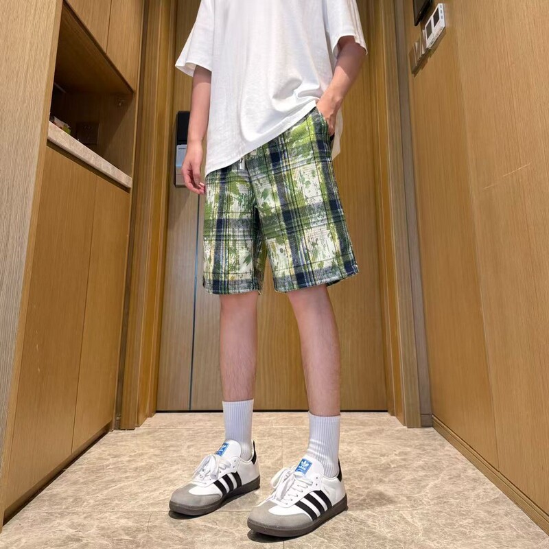 2025 Summer New Men's American Tie-Dye Plaid Shorts Trendy High Street Loose Plus-Size Five-Point Pants Men's Trousers
