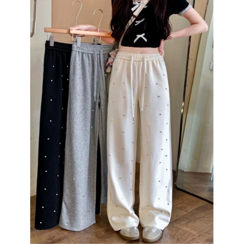 Hot Drilling Design Sense Wei Pants High Waist Casual Pants Women's Spring 2024 New Straight Drawstring All-match Long Pants