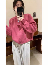 小个子短款圆领拉链糖果色针织开衫女秋冬季新款显瘦气质毛衣外套