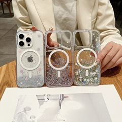 適用iPhone 15 ProMax滴膠閃粉磁吸蘋果14流沙mate 60銀箔手機殼