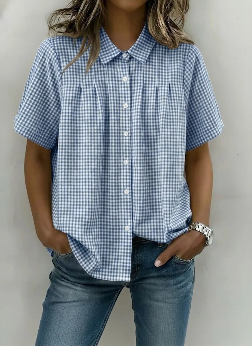 Women's Clothing Summer Women's Plaid Short Sleeve Shirt Casual Lapel Fashionable Versatile Style Top For Formal & Casual For Women_ecoleips.com