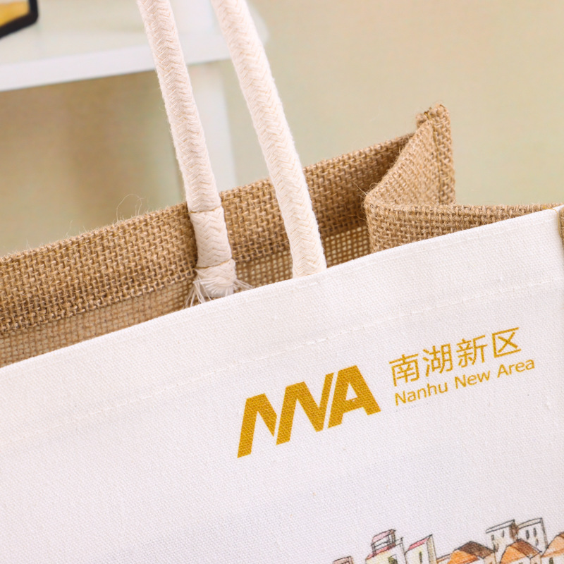 メーカー卸売麻布袋ロゴ入り帆布防水ラミネートバッグ綿紐ハンドバッグショッピングバッグ黄麻袋ハンドバッグ|undefined
