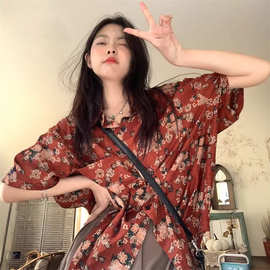 冰丝短袖花衬衫男女夏中性碎花大码宽松休闲夏威夷沙滩衬衣复古潮