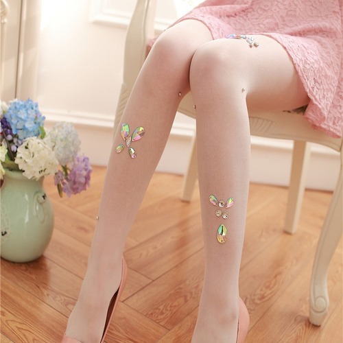 Sexy European and American Rhinestone-Embellished Flower Mesh Stockings—Cut-to-Size Pantyhose for a Breathable, Playful Look