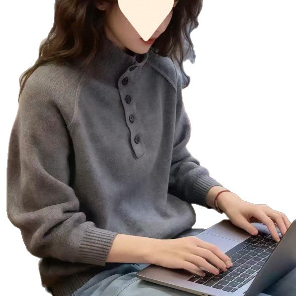 부드러운 스웨터 여성 터틀넥 단추 니트 나른한 바람 오버핏 스웨터 감령