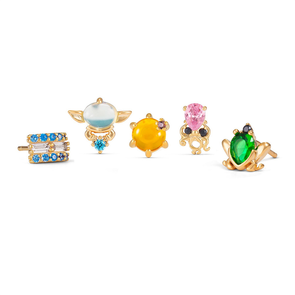 vintage octopus frog 18K gold plated copper zirconium piercing screw ball earrings