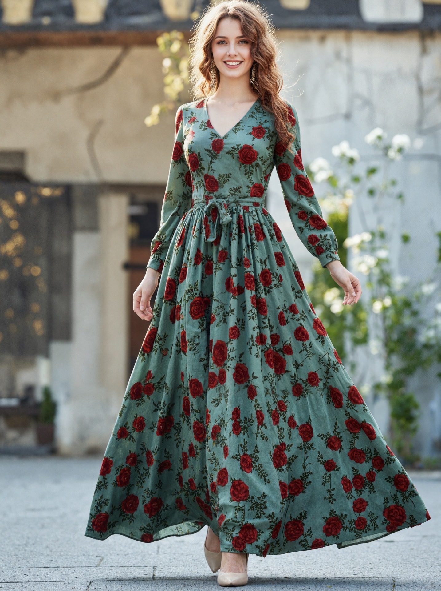 Women's Retro Elegant Slimming Printed Dress V Neck Long Sleeve Charming Fashionable_ecoleips.com