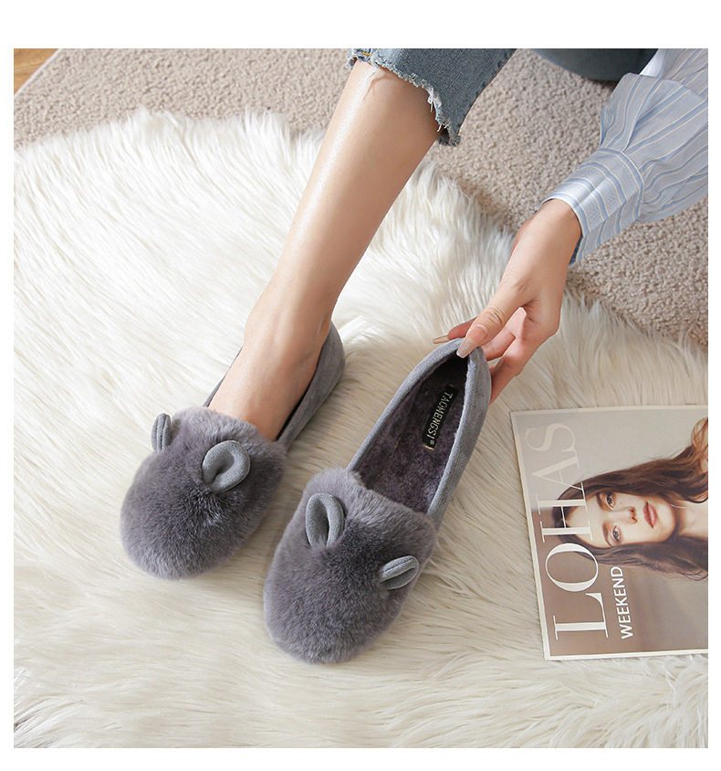 Giày búp bê nữ lông xù đi ngoài mùa đông, đế bằng mềm, lót nhung lông thỏ, mũi tròn, form rộng — Màu xám, Màu đen chi tiết 13
