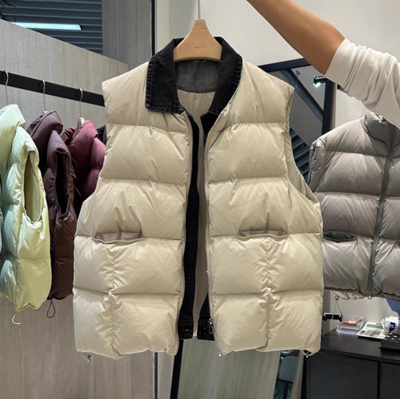 Thickened Fake Two-Piece down Vest for Women 2025 Winter New White Duck down Jacket Korean Style Loose Large Size Denim Vest Thickened Fake Two-Piece down Vest for Women 2025 Winter New White Duck down Jacket Korean Style Loose Large Size Denim Vest