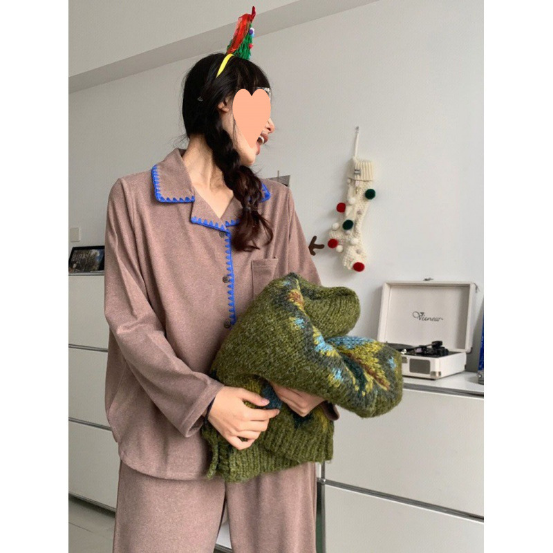 한국식 INS 간단한 명암 벨벳 따뜻한 잠옷 여성의 가을과 겨울 기모 두꺼운 달콤한 단색 홈 의류 세트