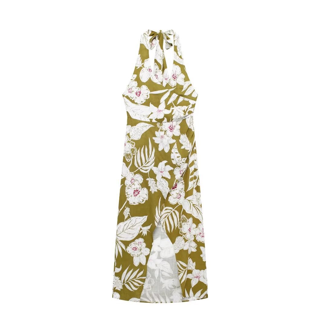 Women's linen blend flower print suit jacket pants dress set_voghion.com