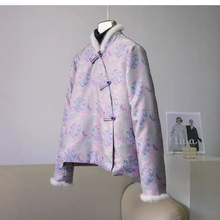 复古中国风提花水貂毛皮草绒绒外套女棉服盘扣斜襟气质新款冬季