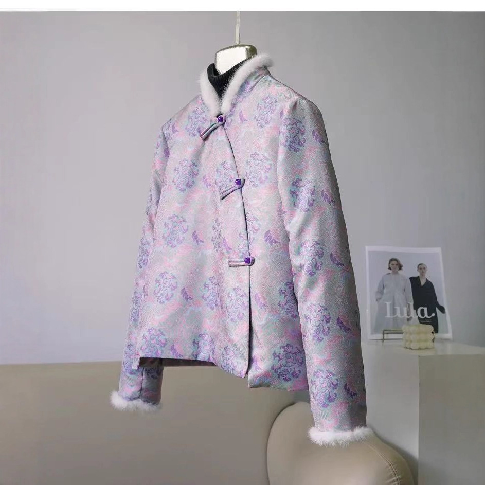 复古中国风提花水貂毛皮草绒绒外套女棉服盘扣斜襟气质新款冬季