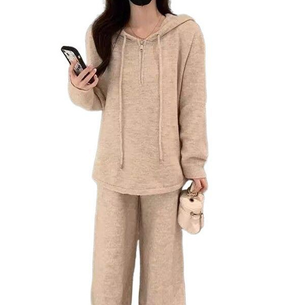 新款显瘦纯色韩版春秋季时尚两件套宽松女连帽卫衣休闲运动服套装|undefined