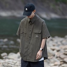 2025新款男士潮牌不规则口袋工装短袖衬衫上衣 男生夏季衬衣外套