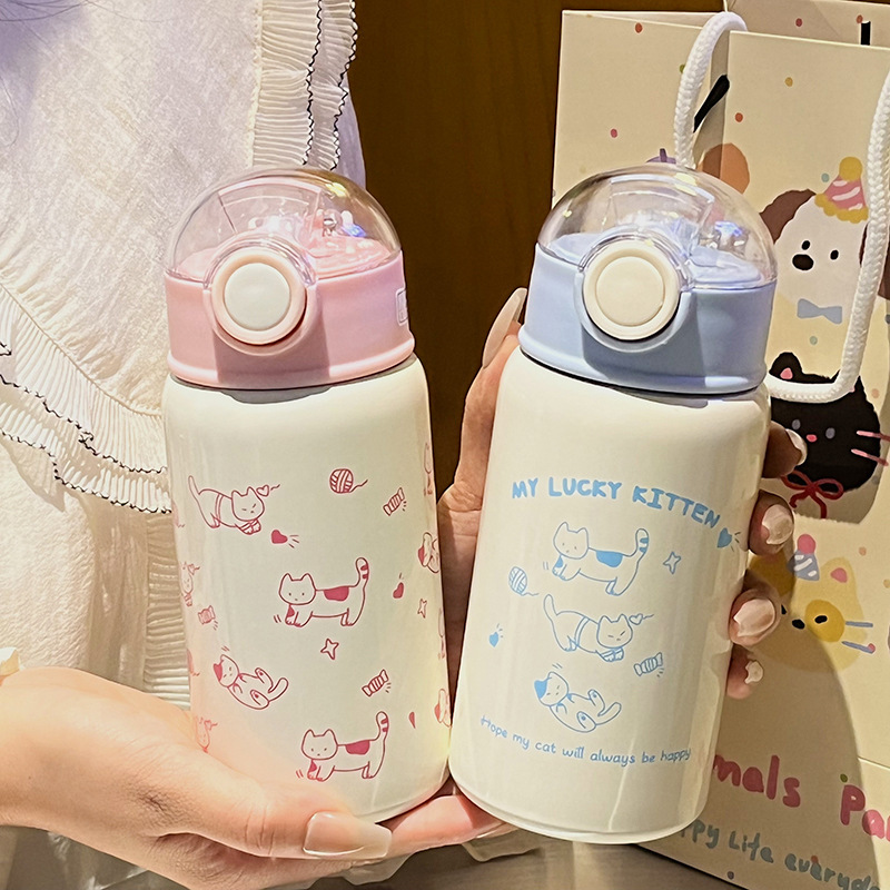ネット赤風暖色かわいい学生ステンレス保温カップ316携帯コーヒー猫保温カップストロー水筒|undefined