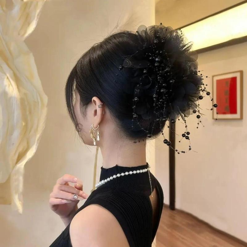 フェザービーズタッセルフラワーヘアピンふわふわ牡丹フラワーグリッパー髪量を表示するシャーククリップ気質ヘアフラワーヘアアクセサリー|undefined