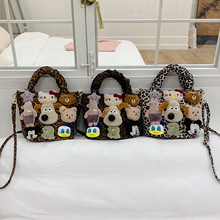 跨境豹纹女包卡通可爱毛绒布偶手提包水桶包休闲单肩包气质手拎包