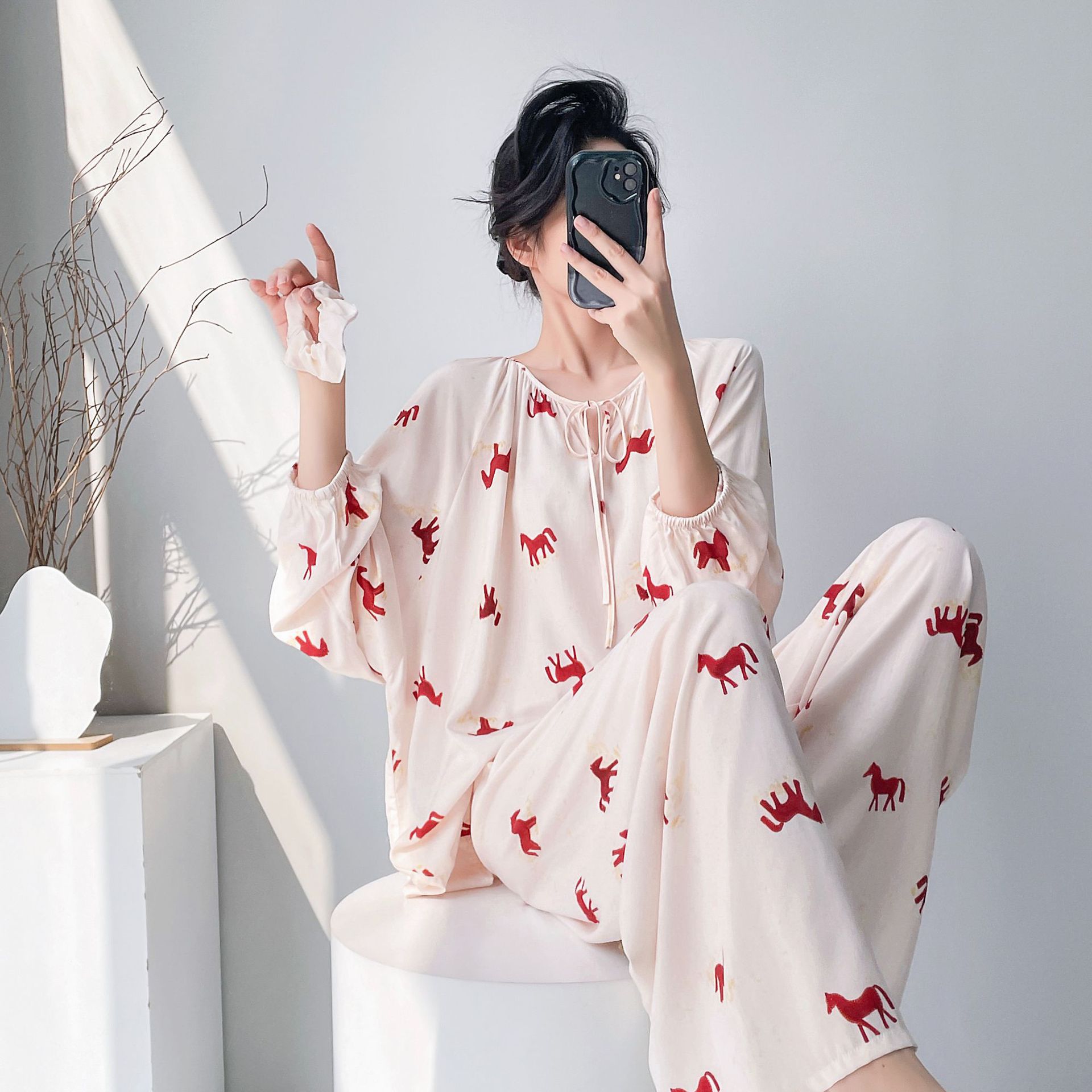 Cotton Silk Pajamas for Women, New Spring and Autumn Style, Plus Size Long-Sleeve Printed Set, Popular Online Live-Stream Style, Rayon Loungewear for Summer
