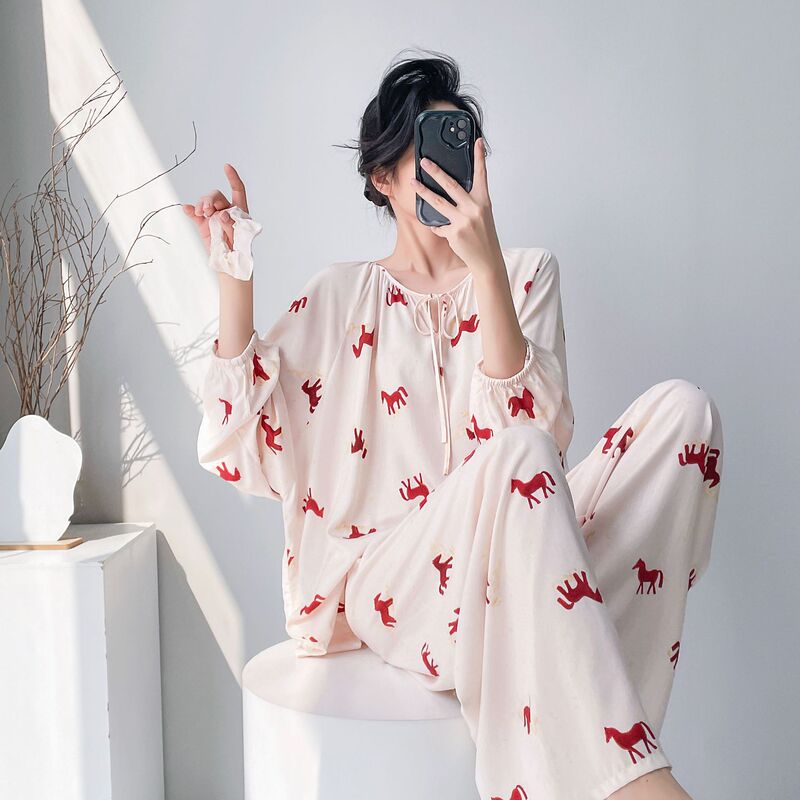 Cotton Silk Pajamas for Women, New Spring and Autumn Style, Plus Size Long-Sleeve Printed Set, Popular Online Live-Stream Style, Rayon Loungewear for Summer
