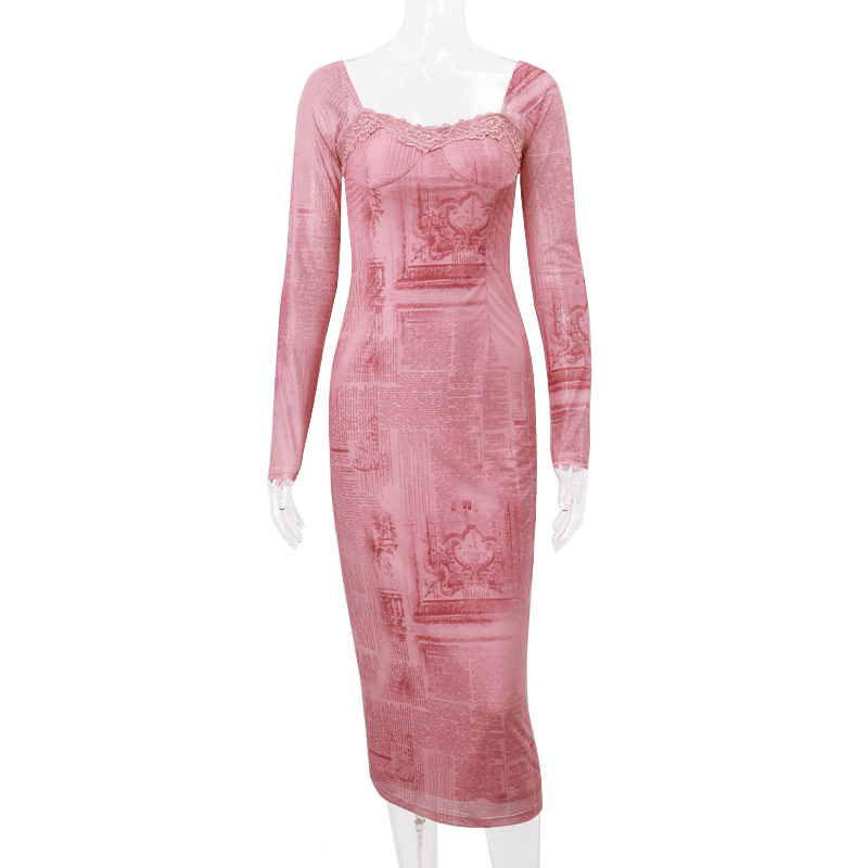 Women Clothing Autumn Best Sexy Low Cut Backless Square Collar Retro Slim Fit Long Sleeved Dress