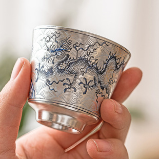 Several Huan Silver Blue and White Dragon Pattern Tea Cup Tea Tasting Cup Chinese Kung Fu Tea Set 999 Sterling Silver Master Cup Individual Single Cup