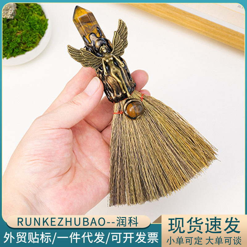 Cross-Border Natural Crystal Hexagonal Column Broom Purple White Pink Crystal Raw Stone Wiccan Halloween Magic Broom Wholesale