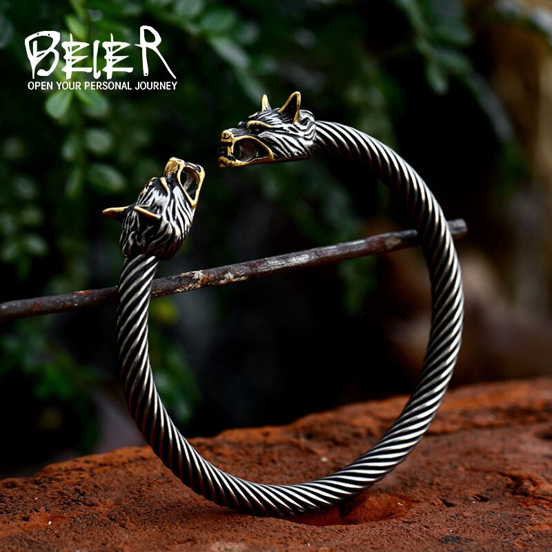 beier European and American retro Viking double wolf head stainless steel bracelet wholesale foreign trade new titanium steel domineering hand jewelry