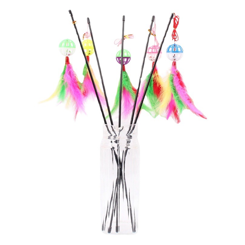 Colorido pluma de plástico Bell Ball divertido gato palo al por mayor de cuero Taobao animal pluma gato juguete divertido gato palo