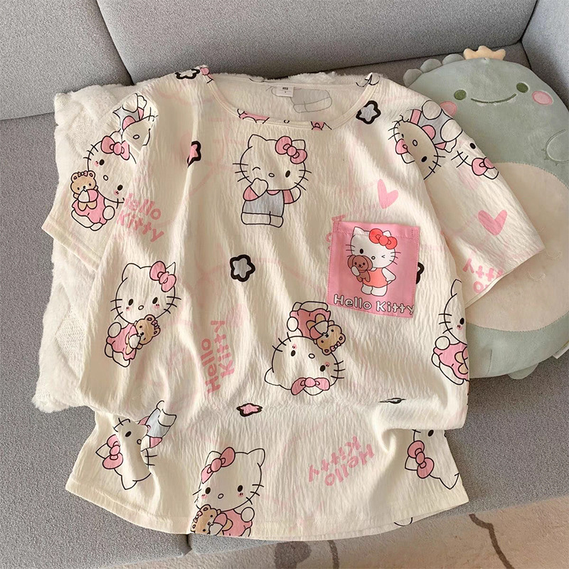 Cloud Cotton Pajamas Women's Short-Sleeved Shorts Spring and Autumn Cat Cartoon Thin Children's Middle and Large Children's Home Clothes Set