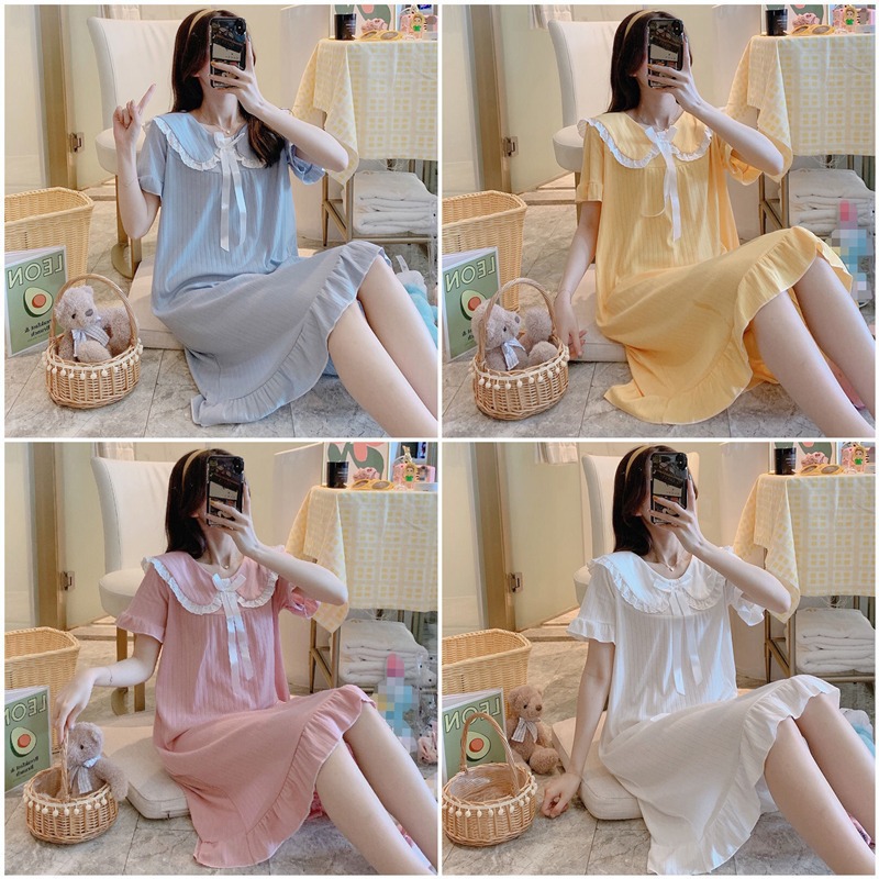 Estilo coreano nuevo verano pijamas de manga corta de las mujeres ins traje camisón lindo collar de la muñeca Red Rojo vestido de longitud media casa de verano